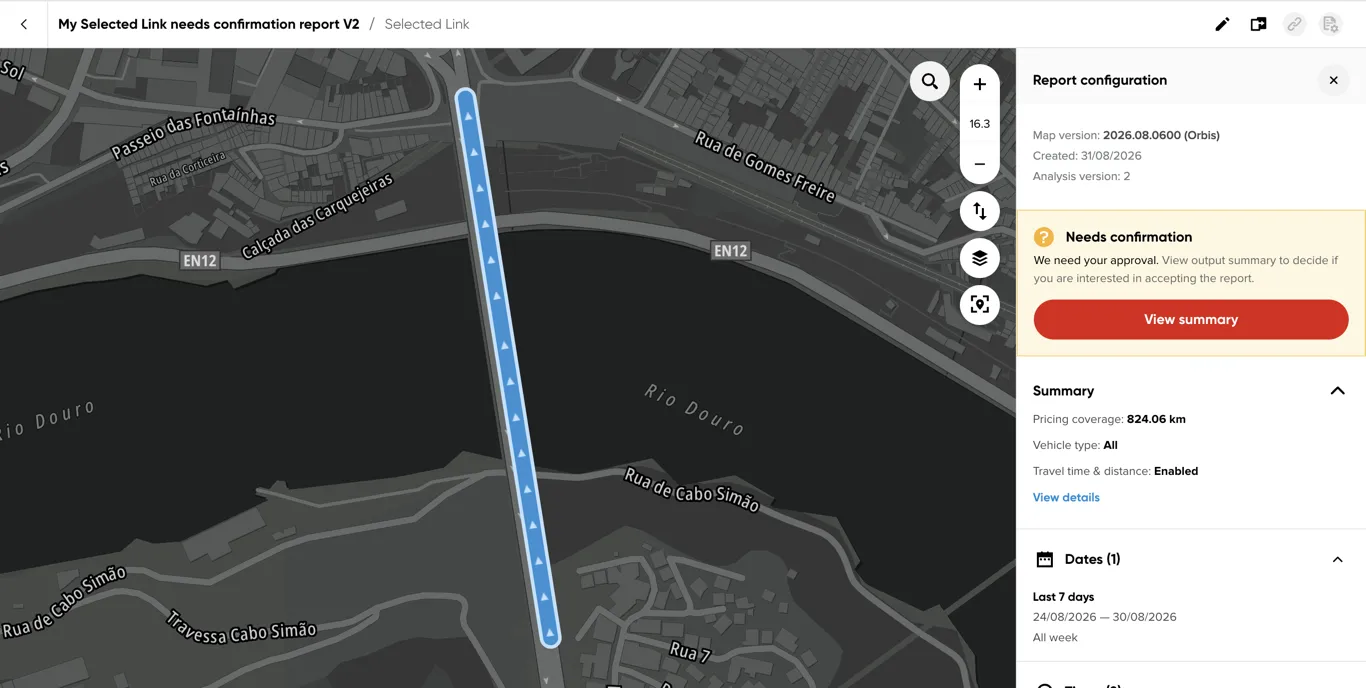 A Selected Link report awaiting confirmation, with its selected link on the map and Report configuration panel open