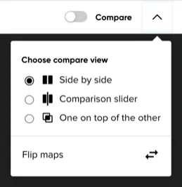 The Compare control in the top bar with its Side by side, Comparison slider, One on top of the other, and Flip maps menu open
