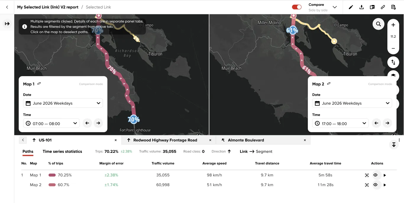 Selected Link results compared side by side with different Date and Time ranges for Map 1 and Map 2