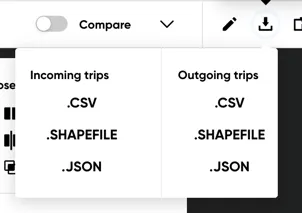 The Selected Link download popup with formats for incoming and outgoing trips