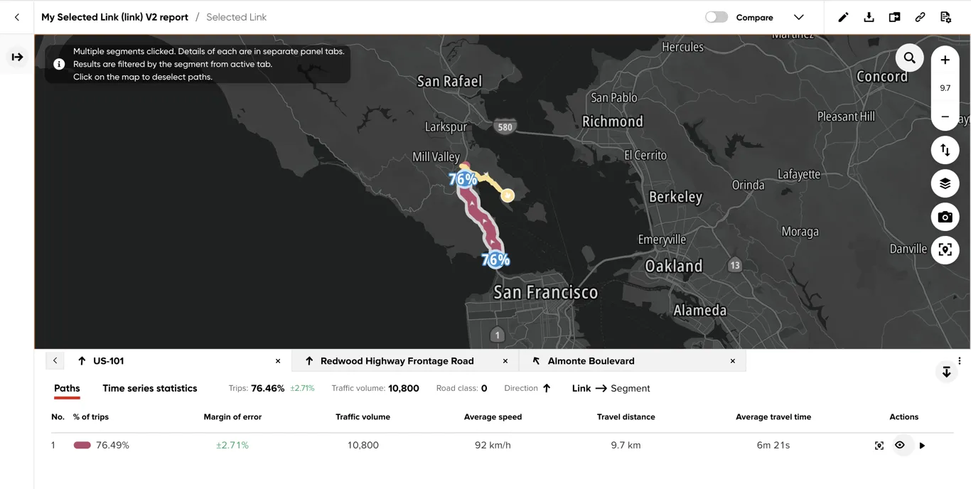 A distant result segment selected with its complete path displayed on the map and in the Paths table