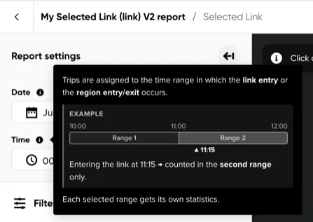 The Time selector with its tooltip explaining how trips are assigned to a time range