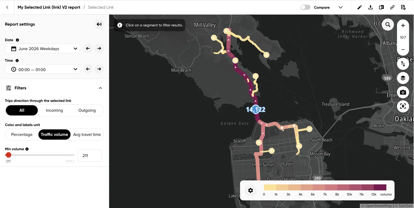 Link results framed around the complete path tree and colored by traffic volume