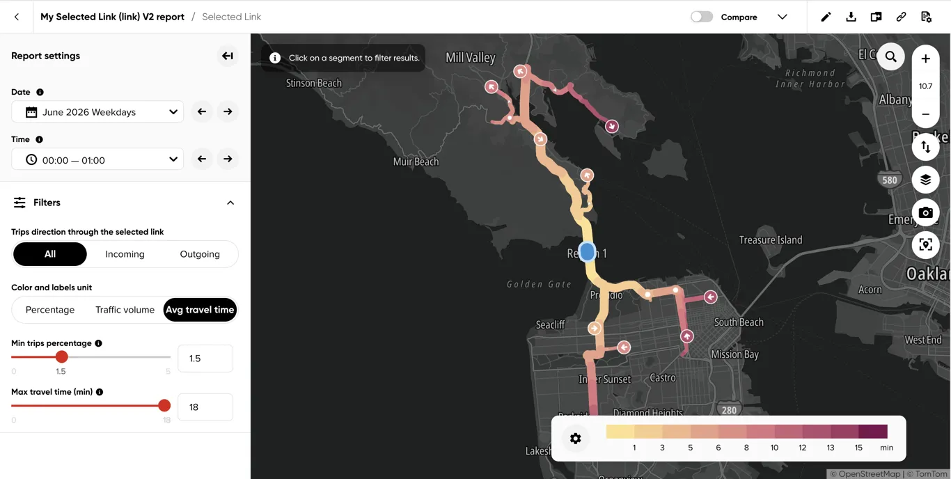Link results colored by average travel time with a maximum travel-time filter