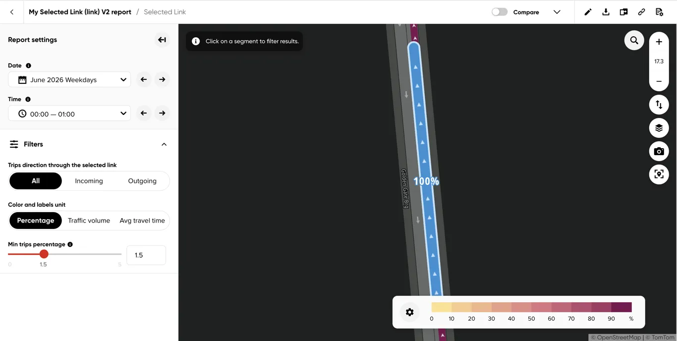 Selected Link V2 link results, with report settings on the left and color-coded road segments on the map