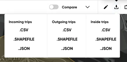 The download popup with formats for incoming, outgoing and inside trips