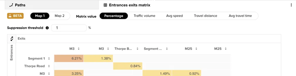 The Inside entrances-exits matrix in Compare mode with the Map 1 and Map 2 selector