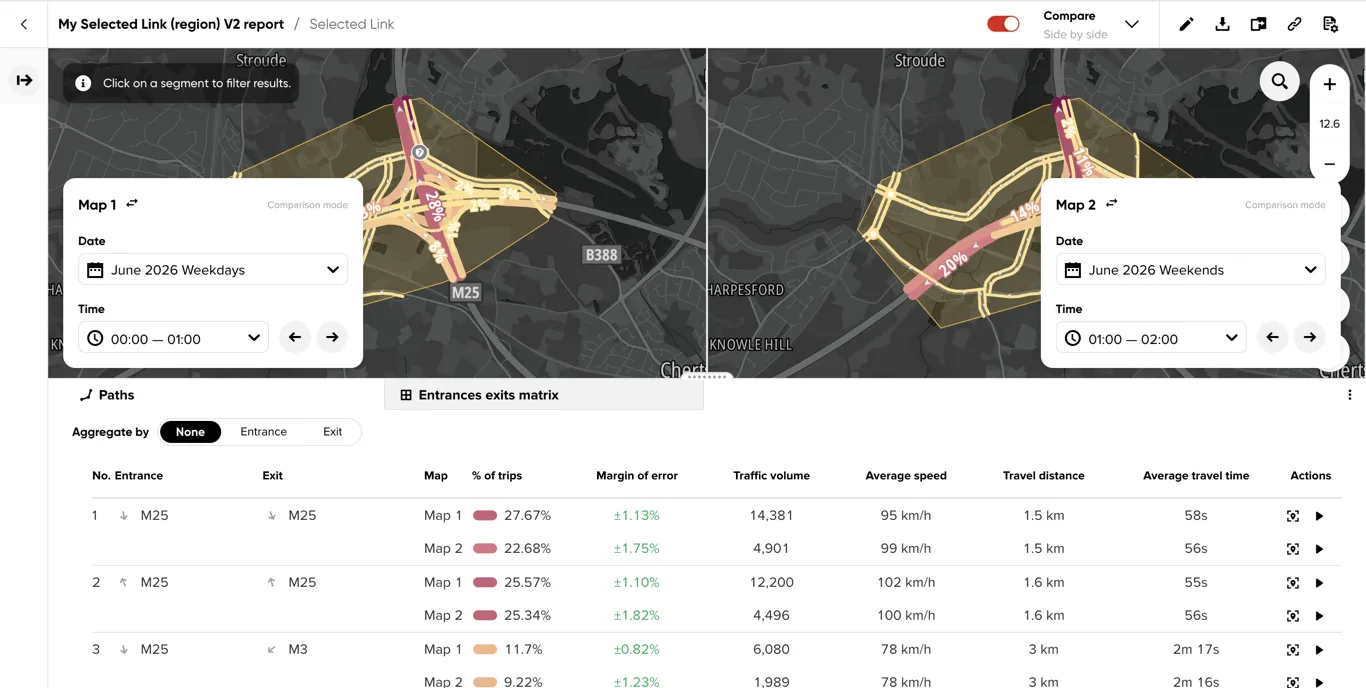 Inside paths in side-by-side Compare mode with separate Map 1 and Map 2 date and time selectors