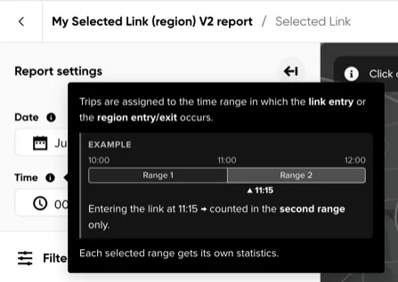 The Time selector with its tooltip explaining how trips are assigned to a time range