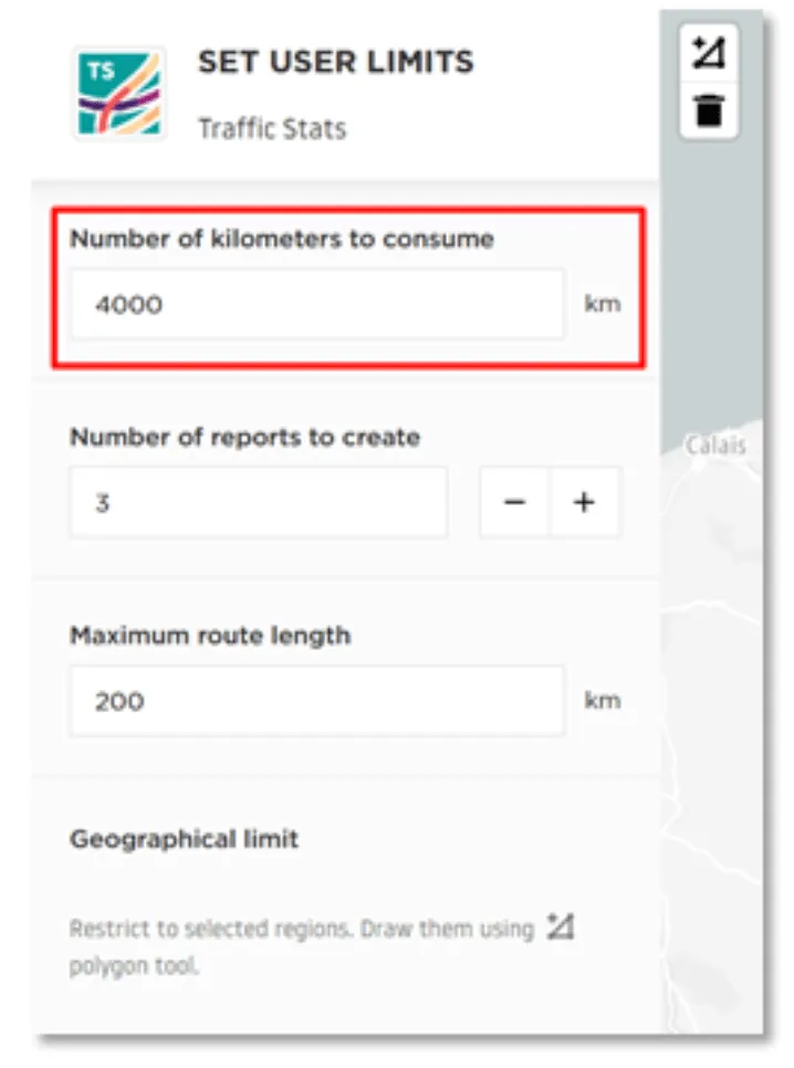 Traffic Stats limits configuration form with Number of kilometers to consume field set to 4000
