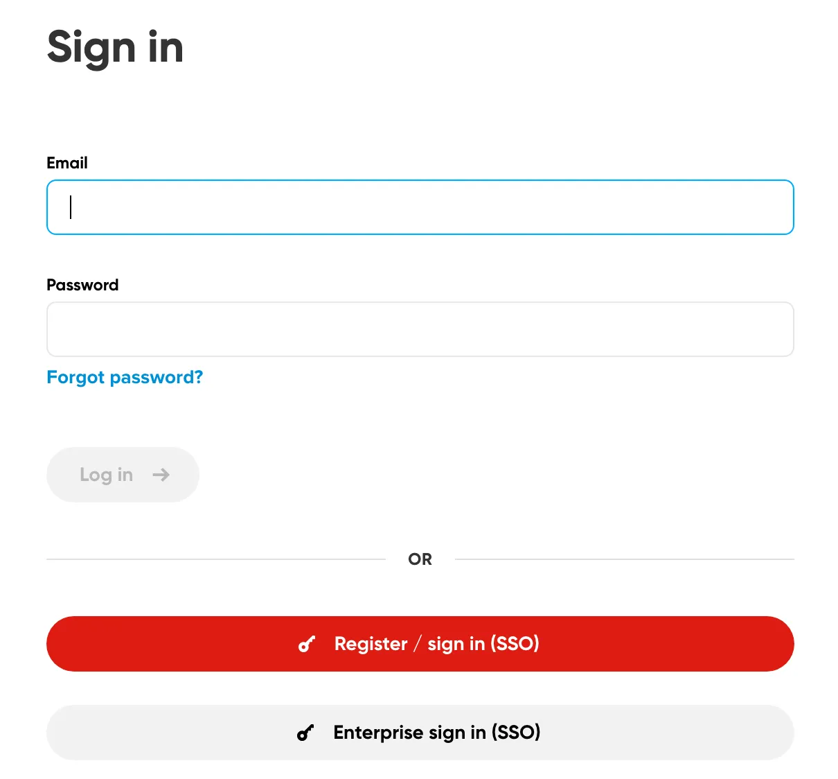 MOVE sign-in page: the email and password form at the top with a Log in button, then an OR divider, then a red Register / sign in (SSO) button and a grey Enterprise sign in (SSO) button