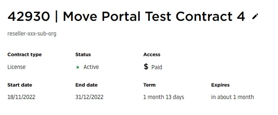 Contract details page showing Test Contract with status Active, organization TomTom, date range January 21 2025 to January 31 2025, and list of associated products including Route Monitoring, Junction Analytics, O/D Analysis, Traffic Stats, and Area Analytics