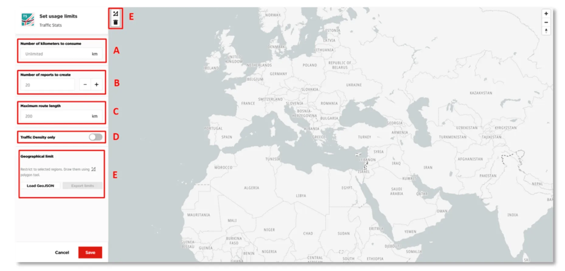 Traffic Stats limits configuration form showing fields for Number of kilometers to consume (set to 4000), Number of reports to create (unlimited), Maximum route length (set to 200 km), Traffic Density only checkbox (unchecked), and Geographical limit section