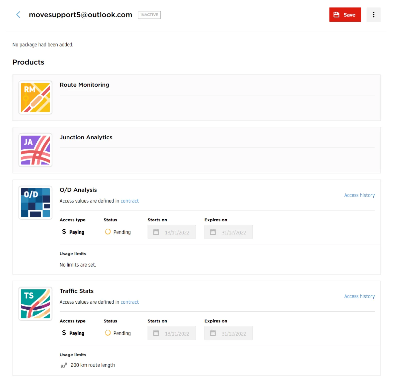 User profile page showing account details for user@example.com including Account status (Inactive), Access status (Active), list of accessible products (Route Monitoring, Junction Analytics, O/D Analysis, Traffic Stats, Area Analytics), and usage limits section with expandable product panels