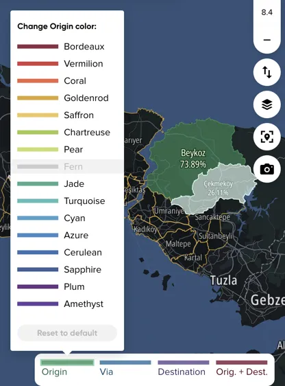 The Flows Explorer legend color popover for a region role
