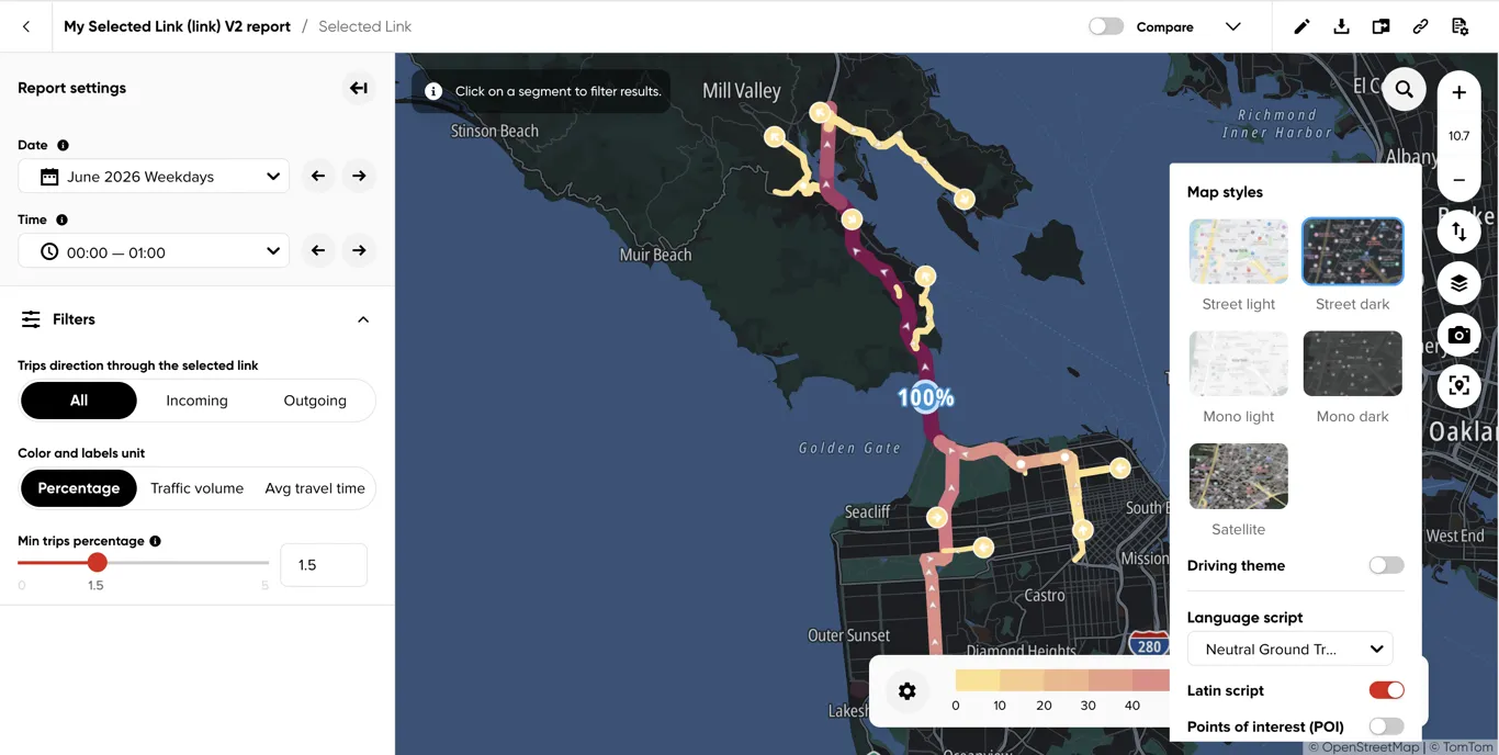 Selected Link results with the map style menu expanded