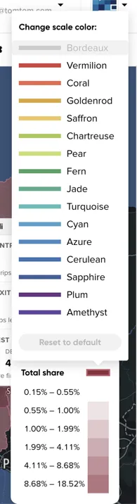 The Overview legend color-scale popover with available colors and a Reset to default action
