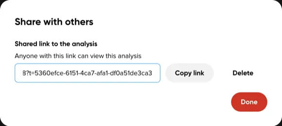The Selected Link Share with others dialog with a generated link and Copy link and Delete actions