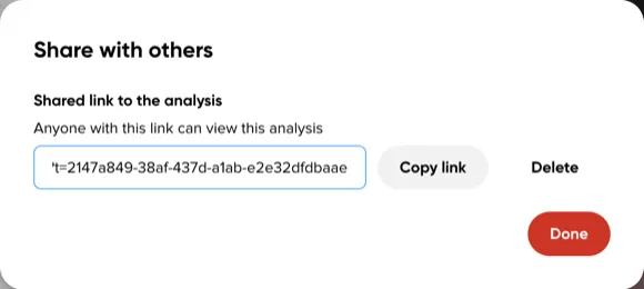 The Share with others dialog with a generated link and Copy link and Delete actions